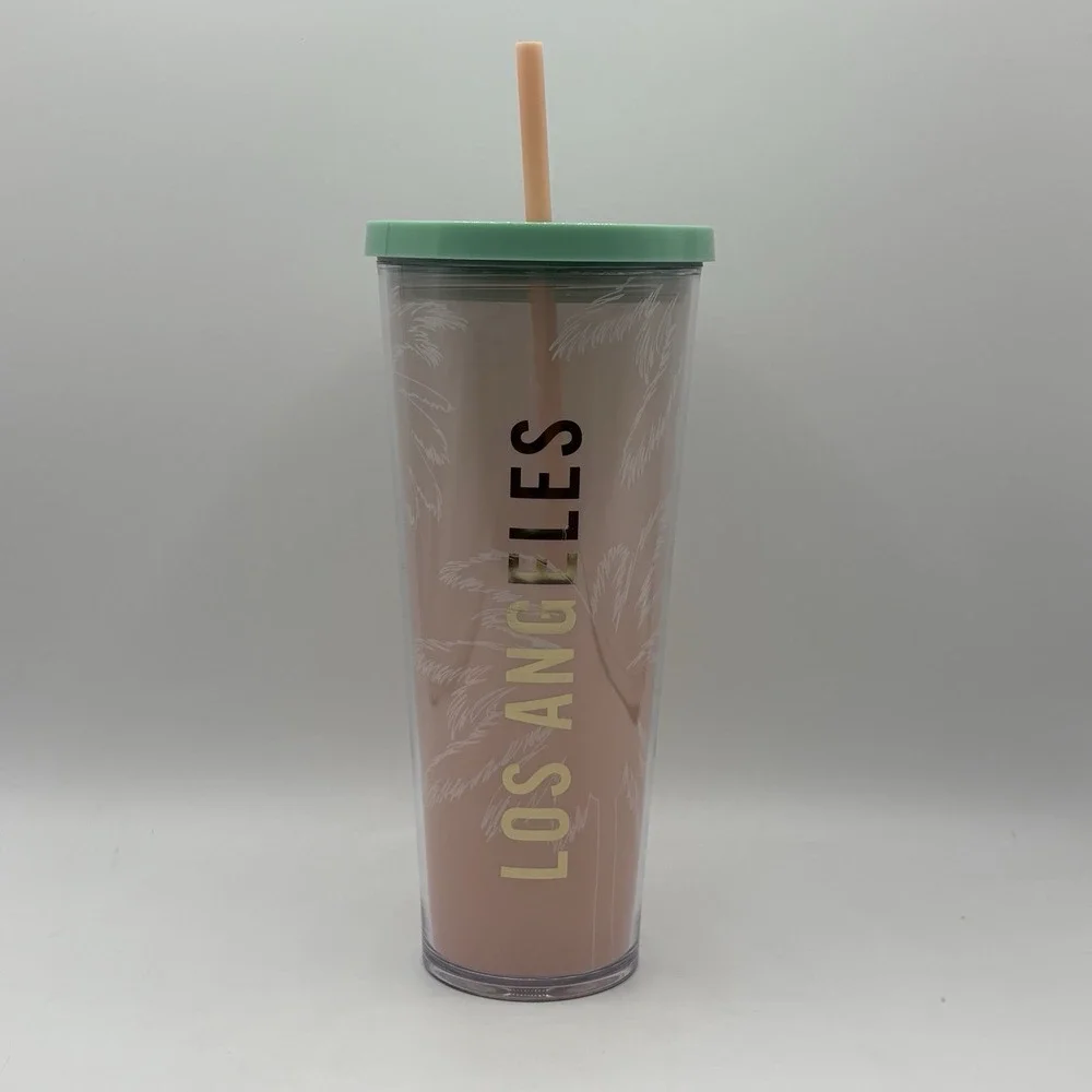 Starbucks Los Angeles Palm Tree‎ Tumbler Pink Green Straw NEW